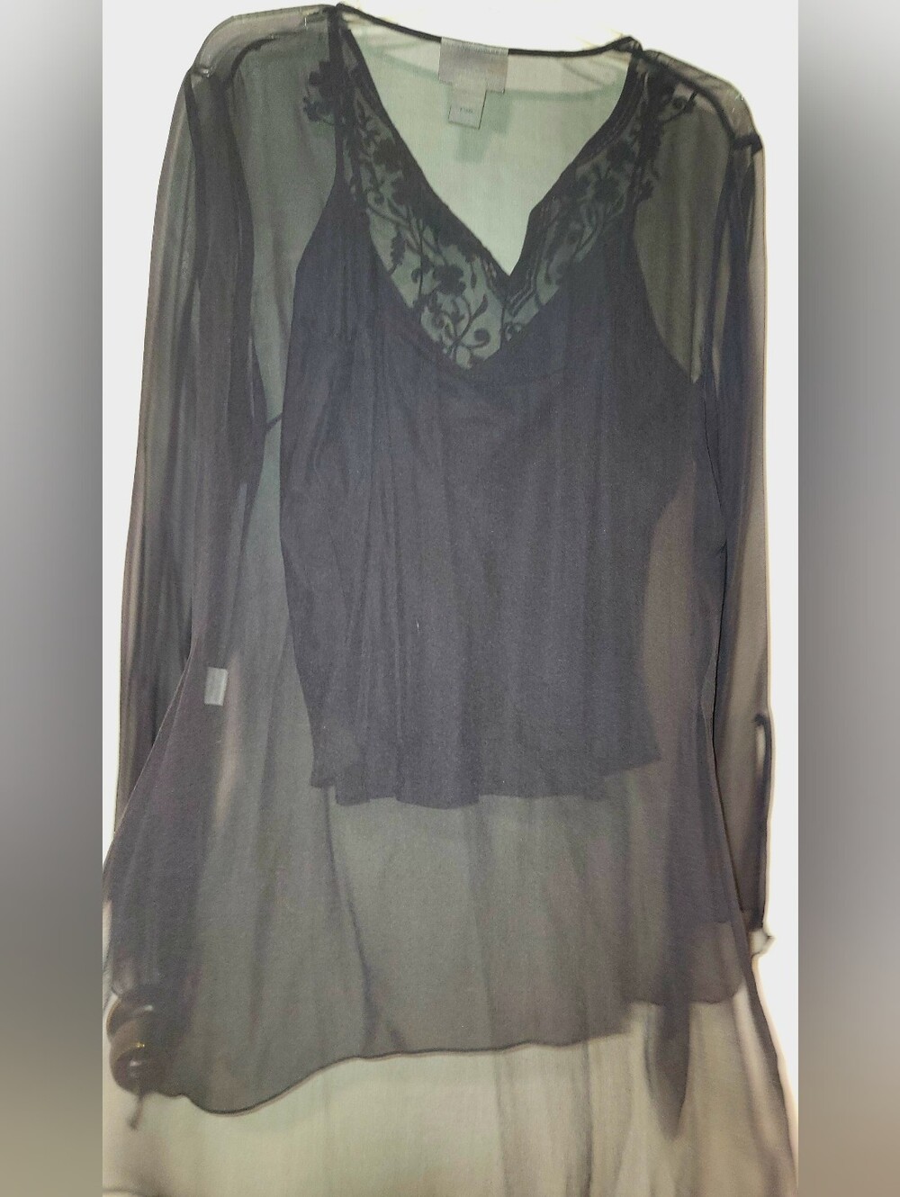 Worthington Black Sheer Layered Caftan Blouse Sz 14